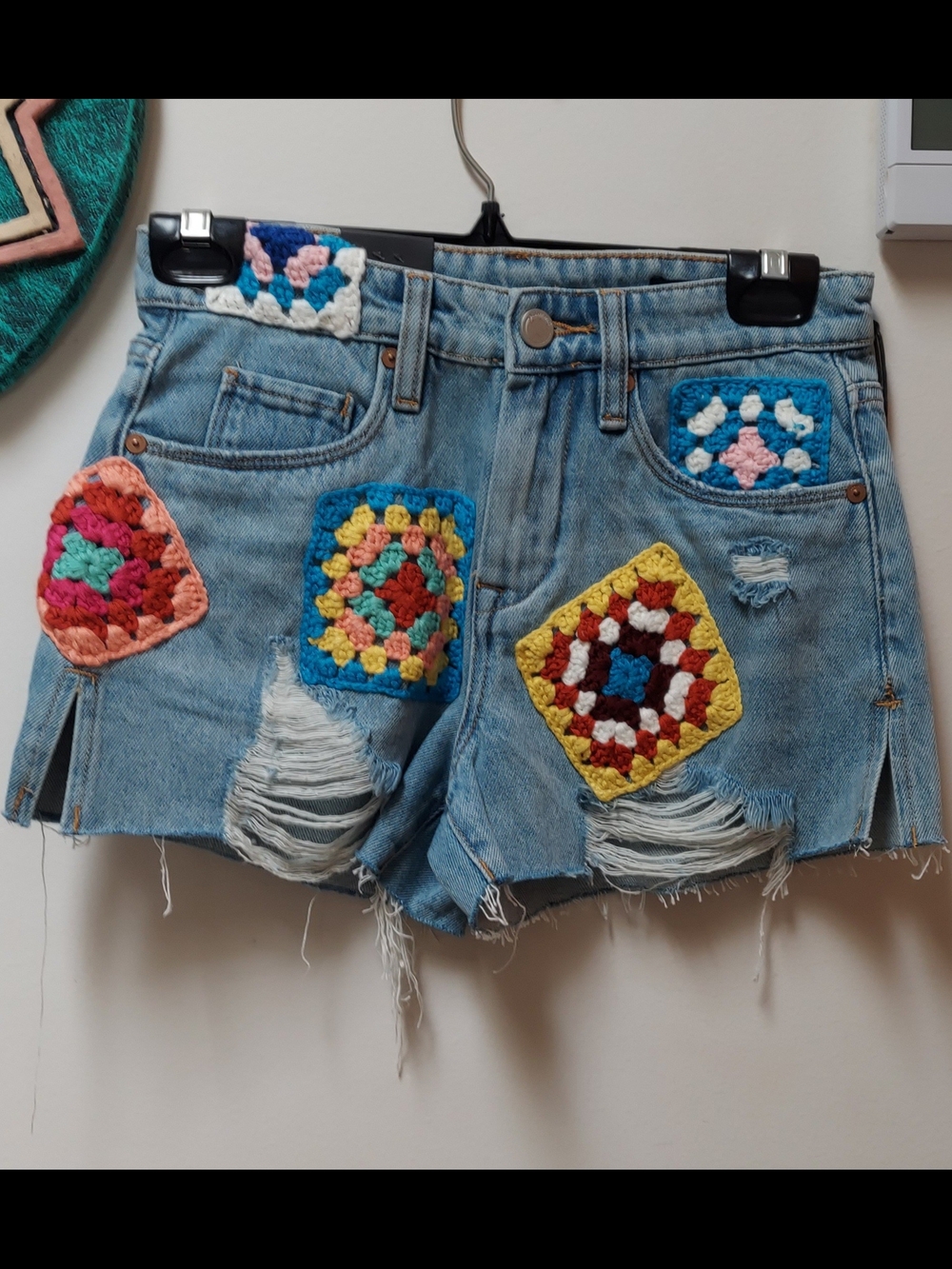 Blank NYC Light Blue Distressed Denim Shorts with Crochet Patches